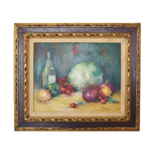 Vintage Artist Signed Tablescape Oil Painting W/ Ornate Frame With Linen Liner