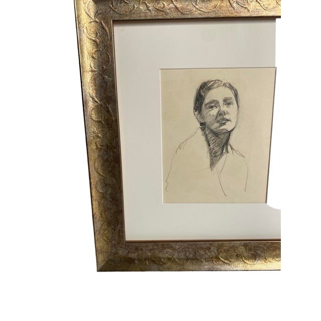 Wood Vintage Pencil on Paper Sketch Portrait of a Woman Framed Behind Glass, Circa 1990 For Sale - Image 7 of 8