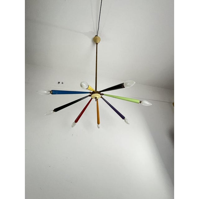 Mid-Century Sputnik 8-Arm Brass and Colored Enamel Chandelier in the style of Arredoluce, 1950s For Sale - Image 9 of 15
