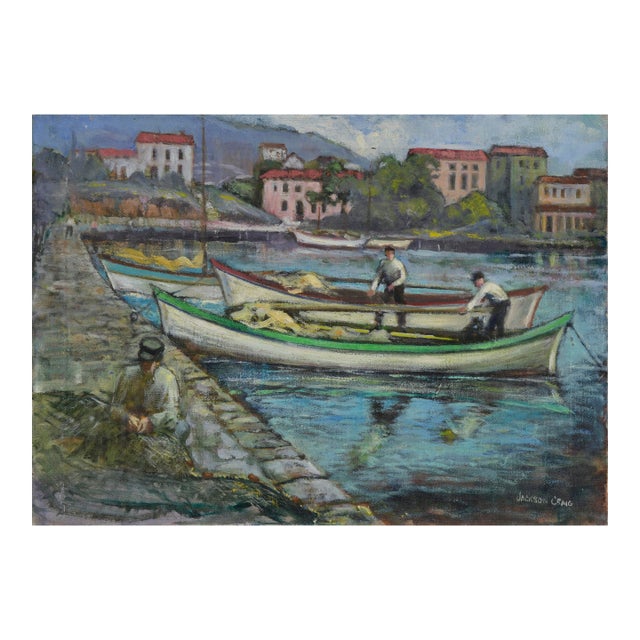 Vintage Portofino, Italy Figurative Landscape -- The Day's Catch by Jackson Craig For Sale