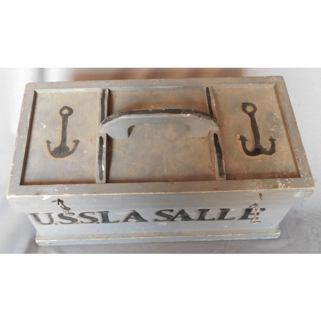 Mid 20th Century Vintage World War II Navy Sailors Box Uss La Salle 1943 Painted Tool Ditty Chest Warship Transport Gray Painted Signed For Sale - Image 5 of 8