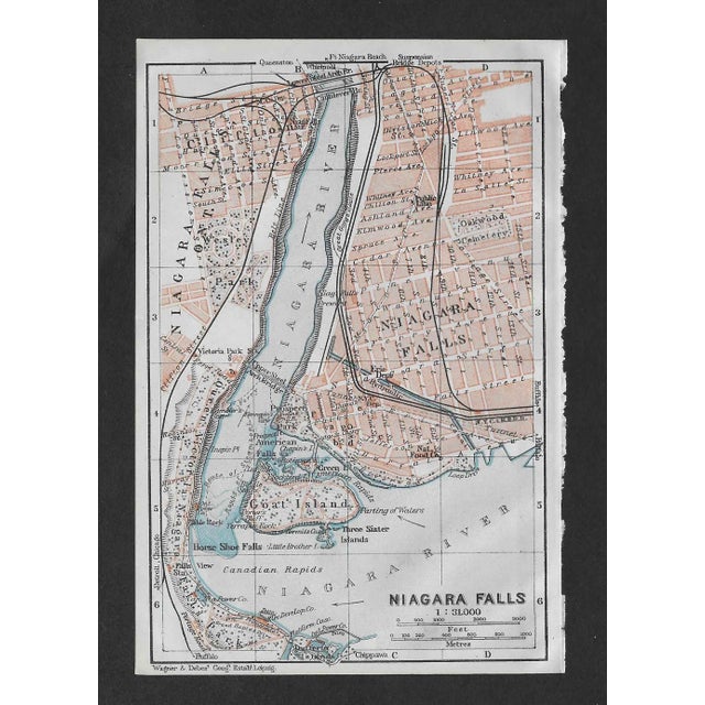 Niagara Falls, map from a 1909 travel guide showing Goat Island, the Falls, the New York village and the Ontario, Canada...