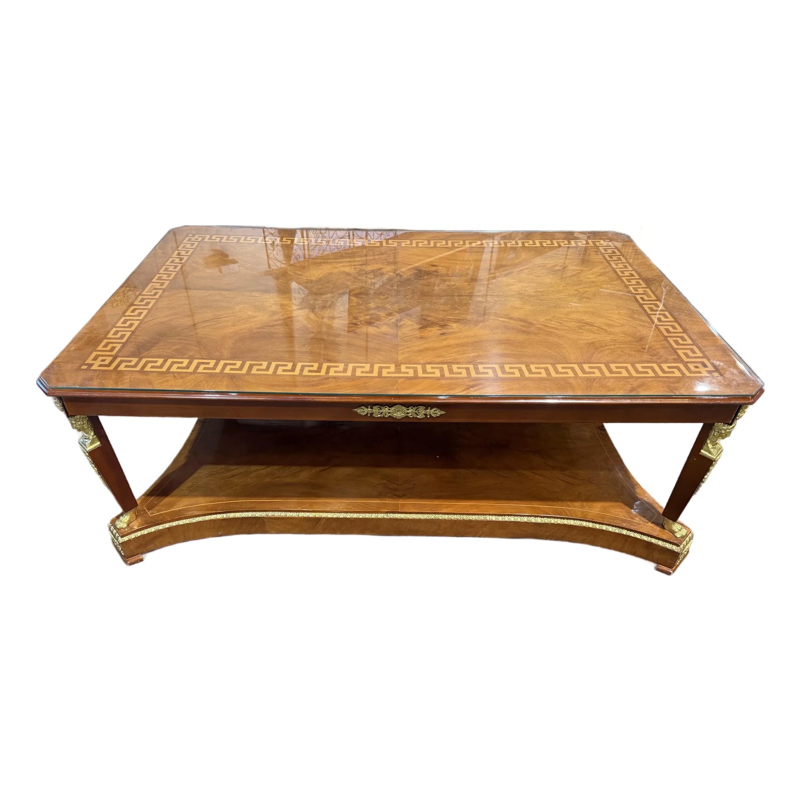 Cherry Wood Greek Key Inlay Coffee Table | Chairish