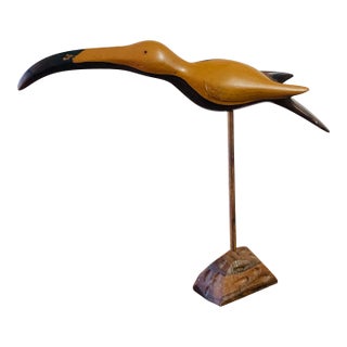 Vintage Hand-Carved Wooden Ibis Bird Sculpture on Stand For Sale