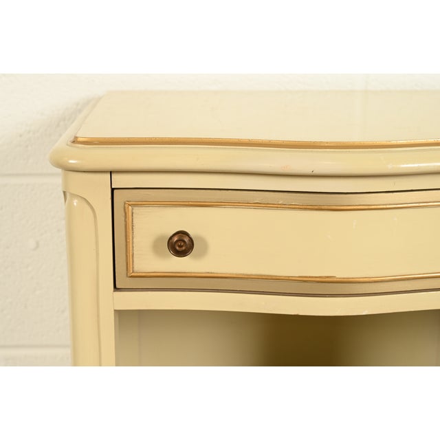 Wood Drexel French Provincial Louis XV Cream Lacquered and Gold Gilt Nightstand, Circa 1950s For Sale - Image 7 of 15