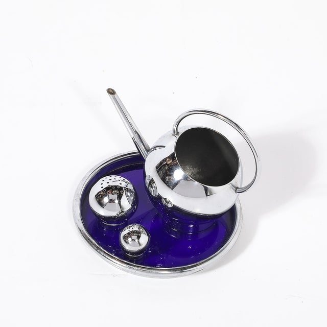 Chase Brass and Copper Company Art Deco Chrome Pancake Corn Set Blue Tray by Russel Wright for Chase For Sale - Image 4 of 14