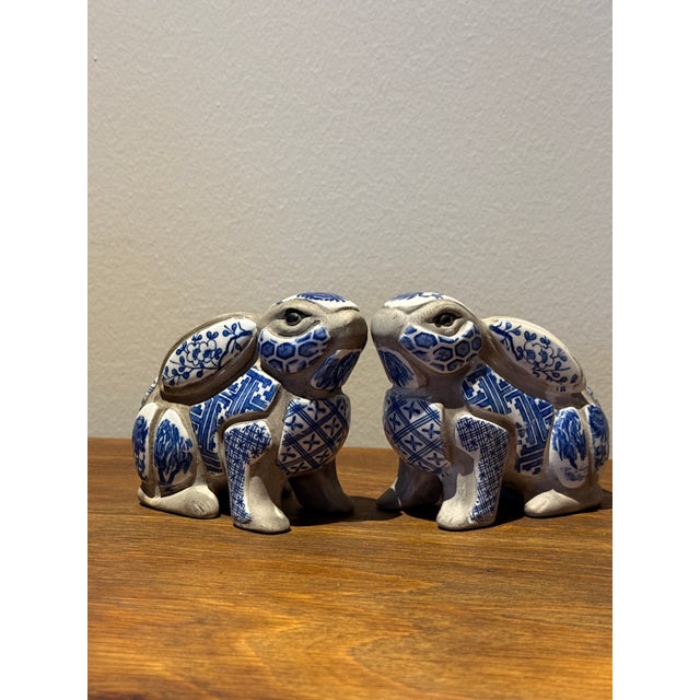Blue and White Rabbit Candle Stick Holder Set Created by Artist Nancy Lopez in the 1980s Sold Through Tiffany & Co For Sale - Image 11 of 12