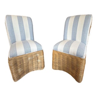 1980s Woven Rattan Slipper Chairs in Blue and White Stripe For Sale