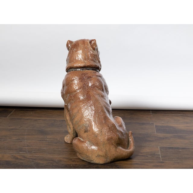 Vintage English Midcentury Sitting Bulldog Pottery Statue with Black Collar For Sale - Image 9 of 10