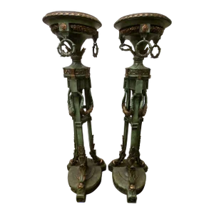 Pair of Mid 19th Century Italian Verdigris and Gold Decorated Torchieres or Pedestal