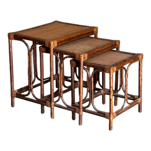1980s Burnt Bamboo and Rattan Nesting Tables- Set of Three