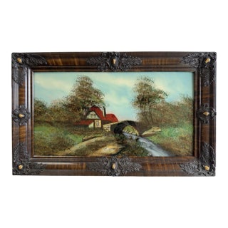 Early 20th Century Art Nouveau Reverse Painting, Mother-of-Pearl Inlay Scottish Highlands Cottage in Ornate Frame For Sale