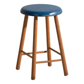 Antique Wooden Stool with Round Seat, Central Europe, 1950 For Sale