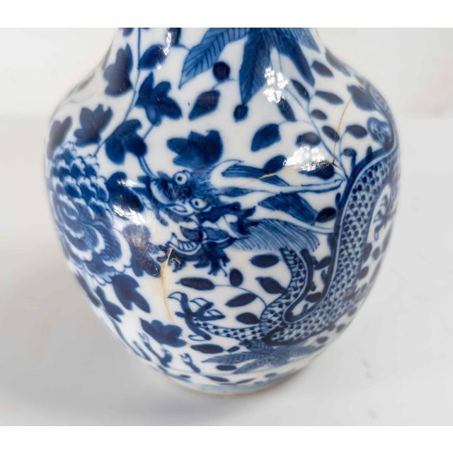 19th Century Chinese Blue and White Bottle Vase With Peony and Dragon, Repaired For Sale - Image 9 of 13
