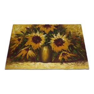 Vintage Mid Century Oil on Canvas Sunflowers in Vase Signed Franco Rispoli O/C Art