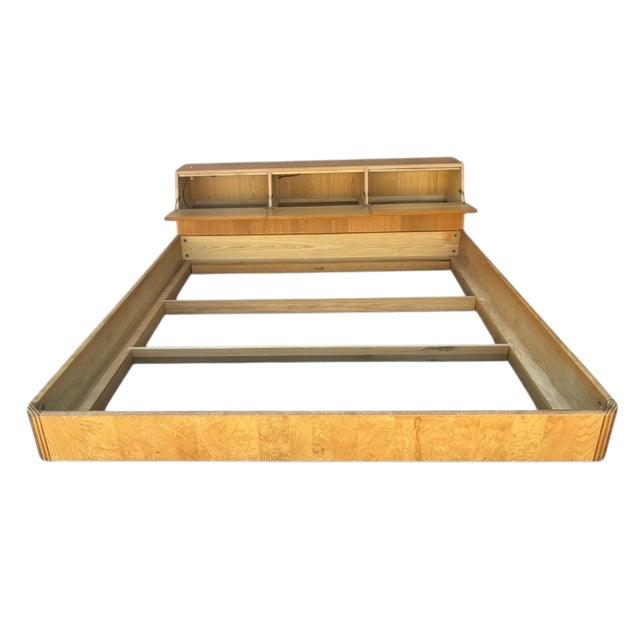 Art Deco Henredon Scene Two Campaign King Bed Burlwood Oak Trunk Headboard Only Art Deco For Sale - Image 3 of 16