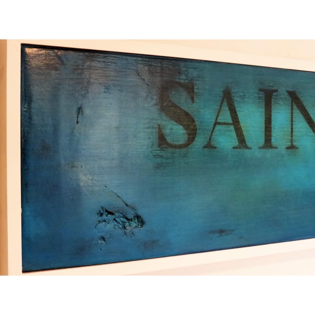 2010s Saint, Aqua Blue. Oil on Antique Reclaimed Wood. For Sale - Image 5 of 7
