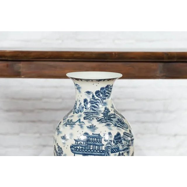 Vintage Chinese Blue & White Porcelain Vase with Landscapes & Architectures For Sale In New York - Image 6 of 13