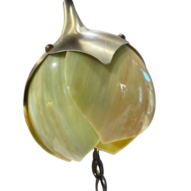 Mid Century Modern Slag Glass & Aluminum 1-Light Pendant, Ca. 1940 Swag Lotus Tulip Pendant Light Fixture For Sale - Image 10 of 10