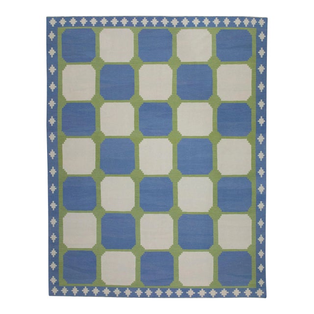 Blue and Green Geometric Design Handmade Modern Kilim Rug 12' X 18' For Sale