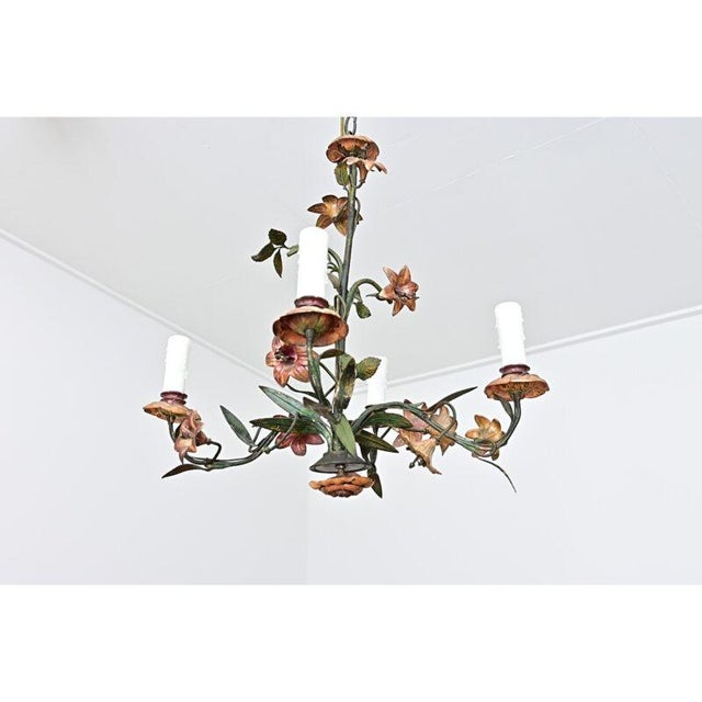 French Vintage Tôle Painted Floral Chandelier For Sale - Image 11 of 13