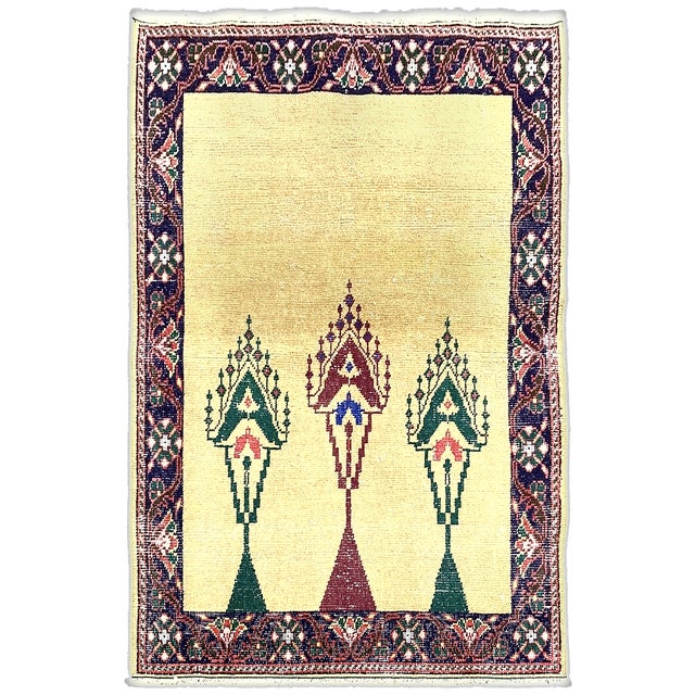 NC-060. Vintage Gold Turkish Oushak Hand-Knotted Prayer Rug, 03'01 x 04'08. Vintage Turkish Oushak prayer rug. Hand-...