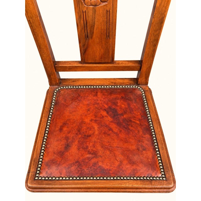 Metal Art Deco Chairs in Carved Walnut with Studded Leather Seats, 1920s, Set of 5 For Sale - Image 7 of 11