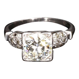 Mid 20th Century Platinum Ring With Round Diamond Center in a Square Setting - Size 4.75 For Sale