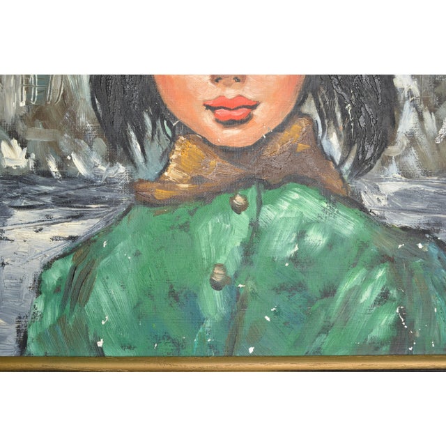 Black 1960 Andre Daude Big Eyed French Girl Painting Oil Canvas Black Frame Green Coat For Sale - Image 8 of 13
