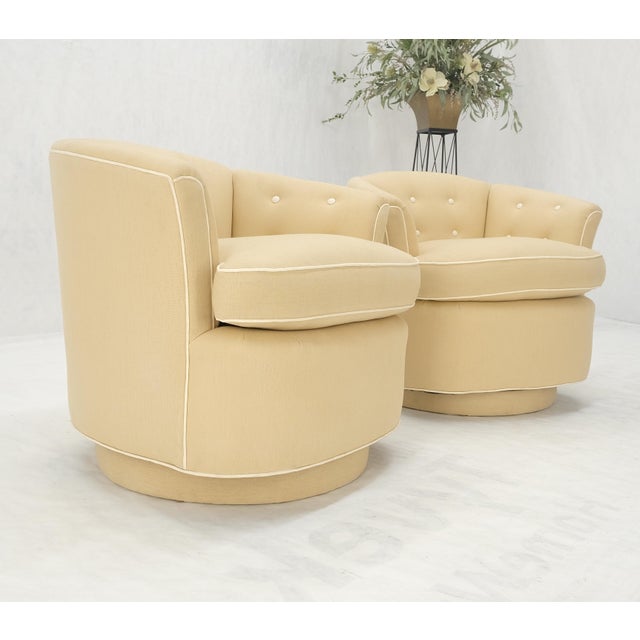 Pair of New Linen Upholstery Round Swivel Tub Barrel Back Chairs Baughman MINT! For Sale - Image 17 of 17
