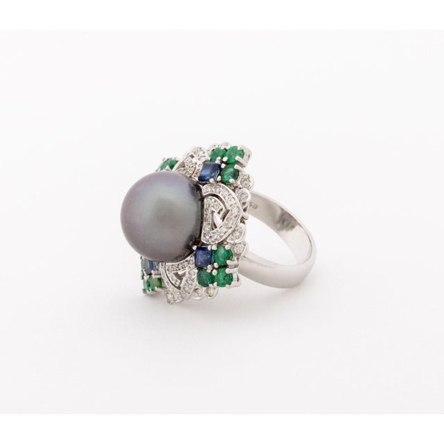 Art Deco Style 18k White Gold, Pearl, Multicolor Gemstone, and Diamond Ring For Sale In New York - Image 6 of 9