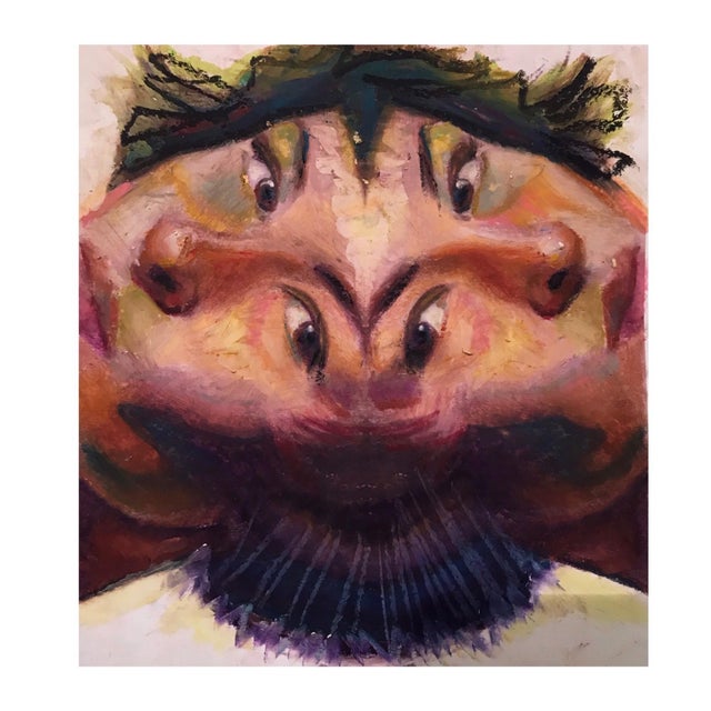 This mixed media work on paper presents a distorted, almost surreal portrayal of a face, characterized by exaggerated...