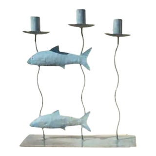 Postmodern Distressed Metal Candelabra With Fish For Sale