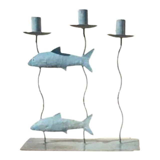 Postmodern Distressed Metal Candelabra With Fish For Sale