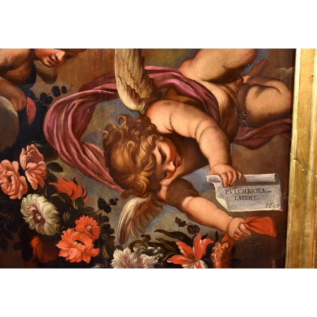 17th Century Workshop of Carlo Maratta, Floral Angels, 1697, Oil on Board For Sale - Image 5 of 18