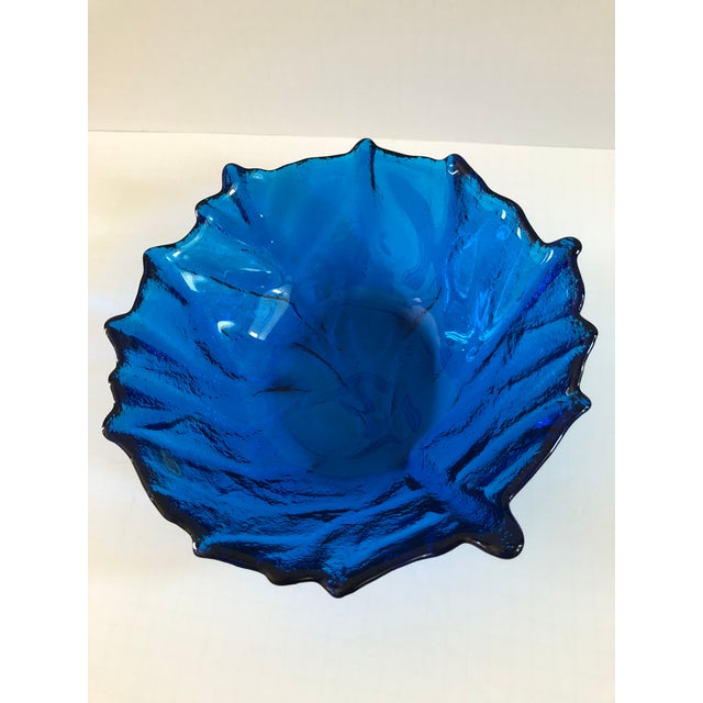 MidCentury Modern Large Blenko Blue Glass Cabbage Leaf Serving Bowl