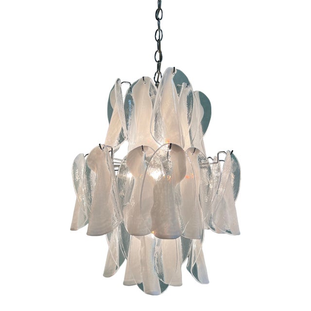 Mazzega Murano Clear & White Petal Chandelier, Italy 1960's For Sale