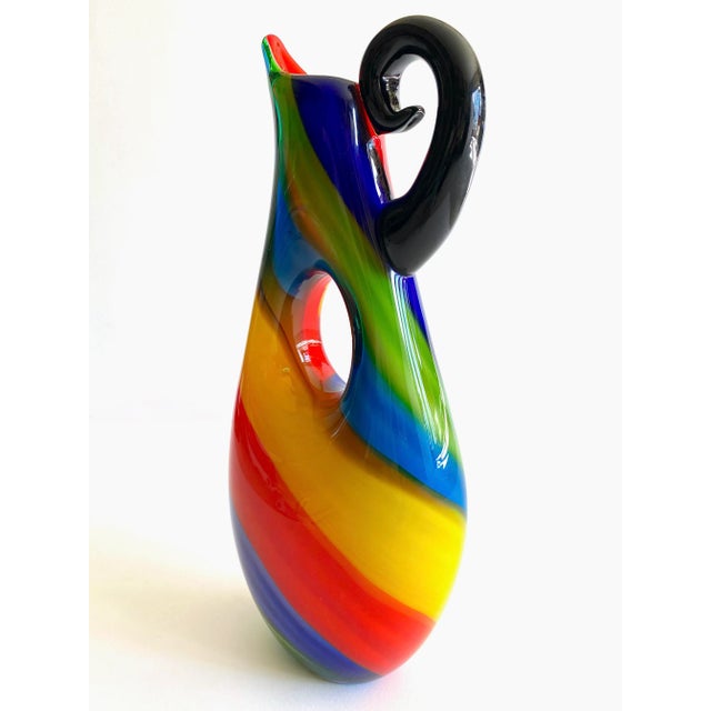 Vintage 1980's Postmodern Italian Murano Art Glass Fused Multicolor Stripe Sculptural Pitcher Vase For Sale - Image 10 of 13