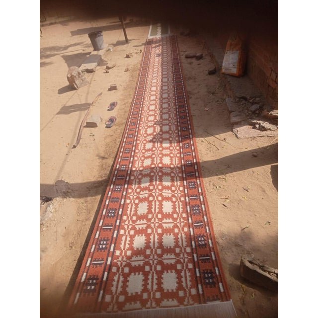 Terra Cotta Handmade New Zealand Wool Dhurrie Runner, Terracotta, Cream and Brown Geometric Dhurrie Runner - 2.5'x21.5' For Sale - Image 8 of 14