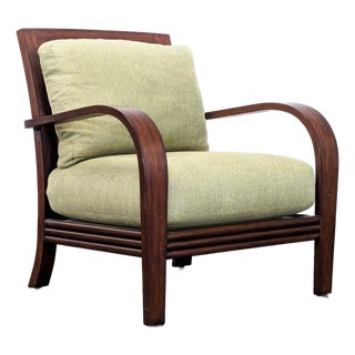 Ethan Allen Jamaica Lounge Chair With Curved Wood Arms and Green Cushions For Sale