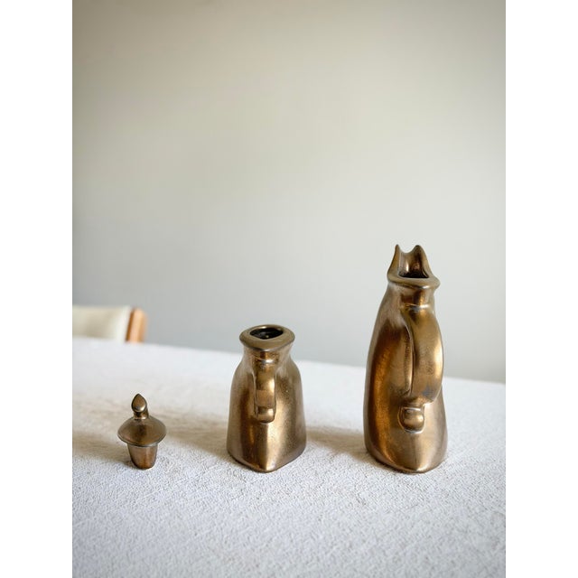 Traditional Vintage Michael Lambert Bronze Glazed Sculptural 2-Piece Tea Set Signed Studio Pottery Collection For Sale - Image 3 of 12