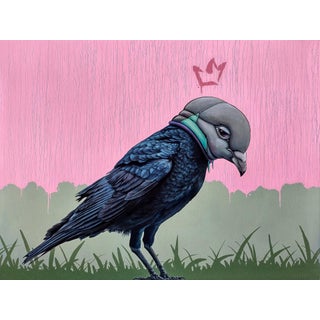 Masks We Wear, to Transform by 3rd Version (Ben Patterson) | Oil on cradled panel Bird wearing a mask. For Sale