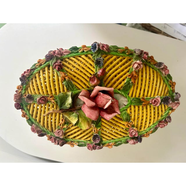 Ceramic Antique Italian Lattice Lidded Centerpiece Ceramic Bowl on Putti Cherub For Sale - Image 7 of 12