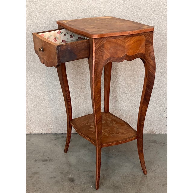 Wood 19th Century Style French Louis XV Marquetry Side Table or Nightstands, a Pair For Sale - Image 7 of 10