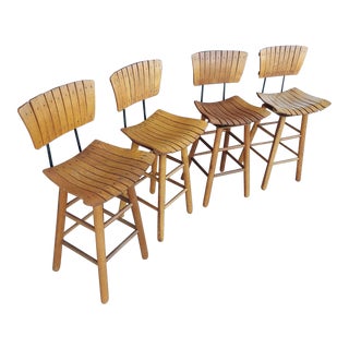 Mid-Century Modern Arthur Umahoff-Style Wood Slatted Swivel Bar Stools- Set of 4 For Sale