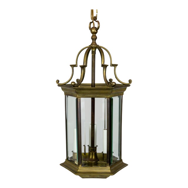 Mid-Century Italian Pagoda-Esque Bronze & Beveled Glass Lantern For Sale