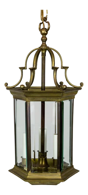 Mid-Century Italian Pagoda-Esque Bronze & Beveled Glass Lantern