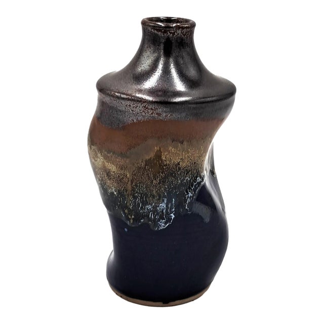 Mid-Century Modern Wavy Hand-Thrown Signed Studio Vase With Blue and Brown Drip Glaze For Sale