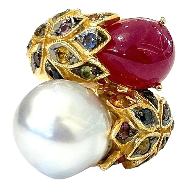 Bochic “Orient” Ruby, Pearl & Multi Sapphire Cocktail Ring Set 18K Gold & Silver, Size 7 For Sale