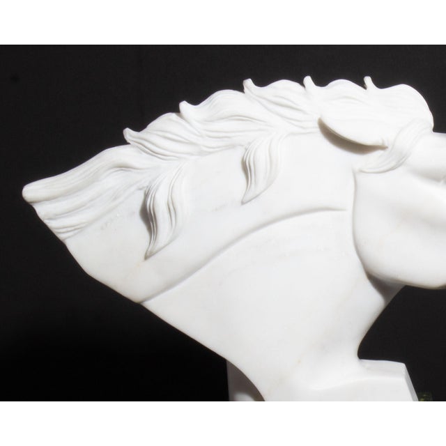 White Carved Marble Horse Head Sculpture on Stone Base For Sale - Image 8 of 8
